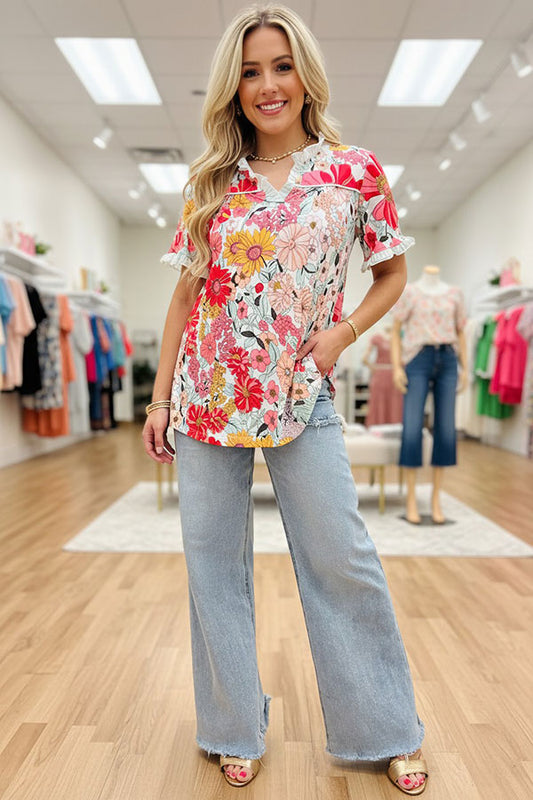 Chic floral printed & blue stripes ruffle short sleeve women's boutique top GJQ16229
