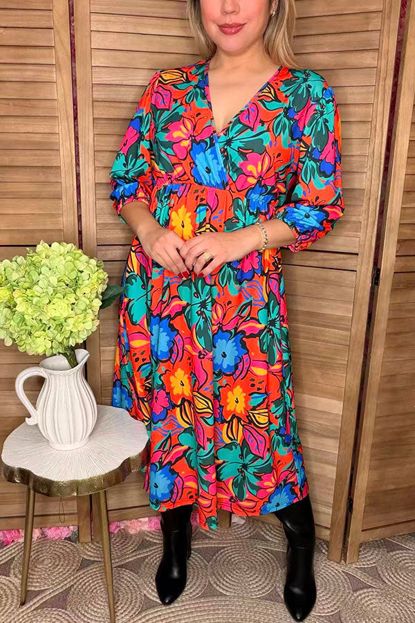 Orange & Blue & Fuchsia flower printed 3/4 sleeves women dress GJQ16289