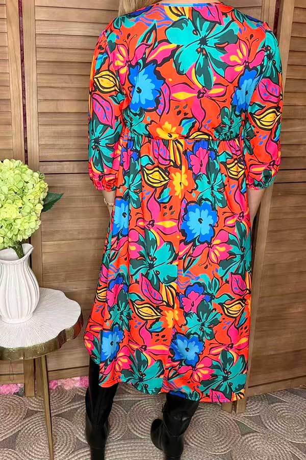 Orange & Blue & Fuchsia flower printed 3/4 sleeves women dress GJQ16289