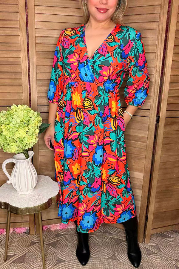 Orange & Blue & Fuchsia flower printed 3/4 sleeves women dress GJQ16289