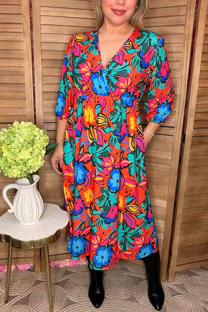 Orange & Blue & Fuchsia flower printed 3/4 sleeves women dress GJQ16289