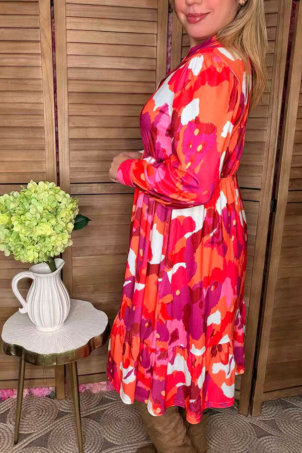 Multi color patterns printed long sleeve midi women dress GJQ16294