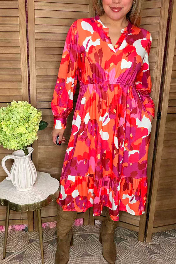 Multi color patterns printed long sleeve midi women dress GJQ16294