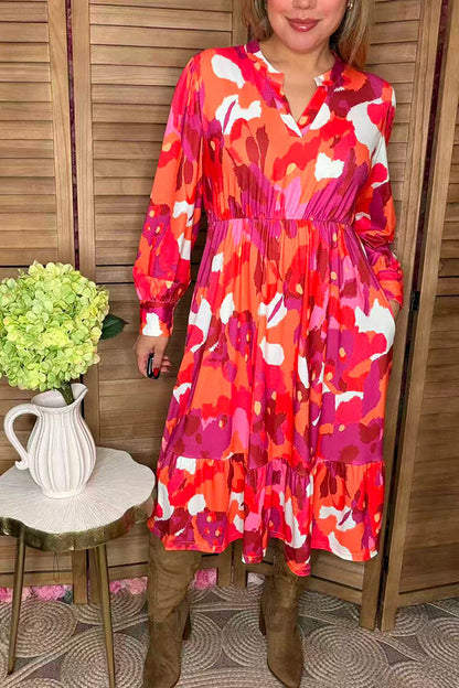 Multi color patterns printed long sleeve midi women dress GJQ16294