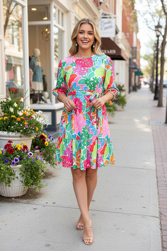 Spring flower printed 3/4 ruffle sleeve women dress GJQ16297