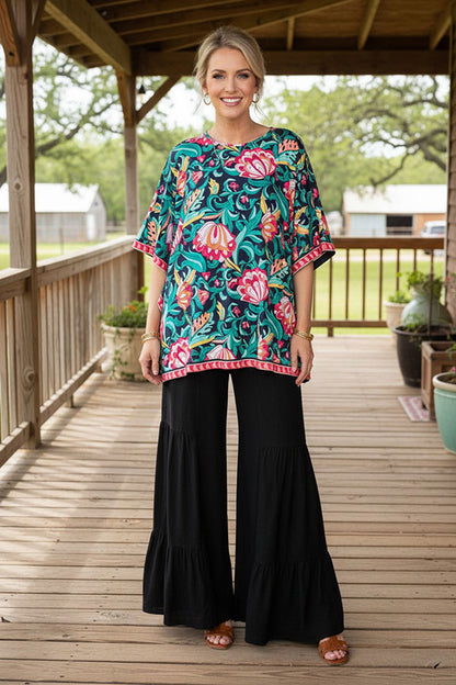Chic floral printed poncho casual loose women's boutique blouse Southern Stitch GJQ16326