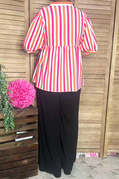Southern Stitch fuchsia striped short sleeve baby doll women blouse GJQ16334