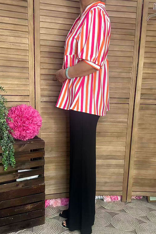 Southern Stitch fuchsia striped short sleeve baby doll women blouse GJQ16334