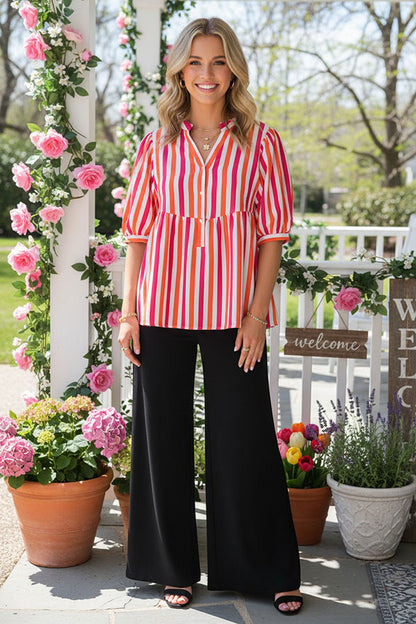 Southern Stitch fuchsia striped short sleeve baby doll women blouse GJQ16334