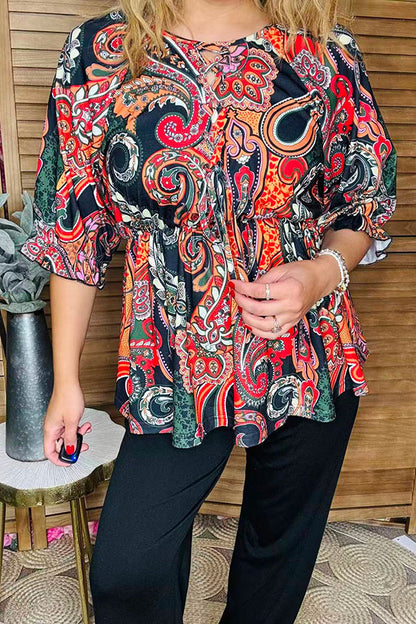 Western plus size paisley printed 3/4 sleeve women top w/criss cross neckline GJQ16384