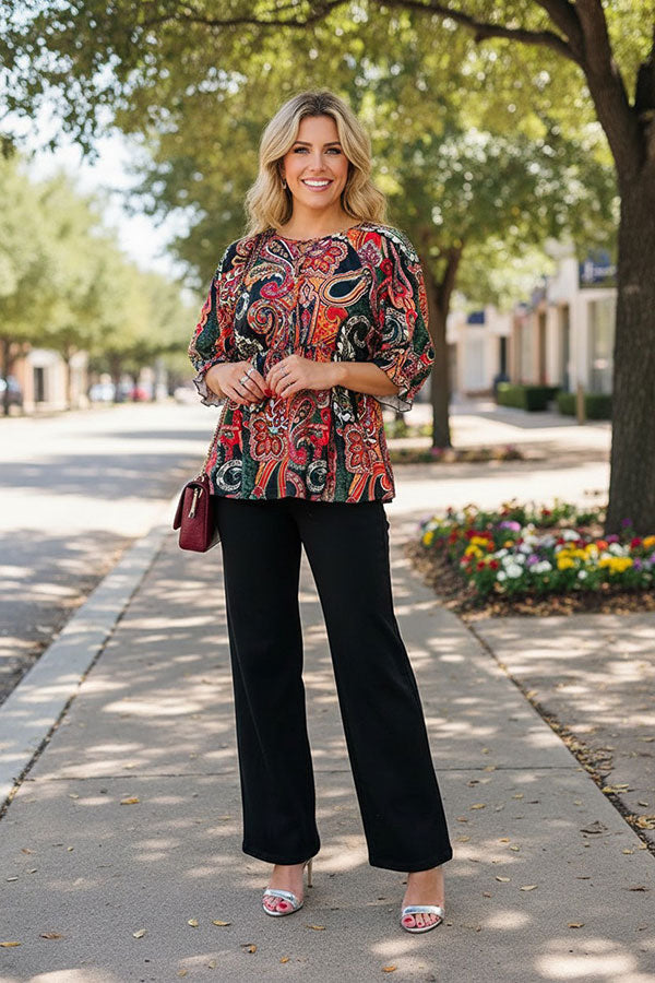 Western paisley 3/4 sleeve criss cross neck women's boutique top GJQ16384