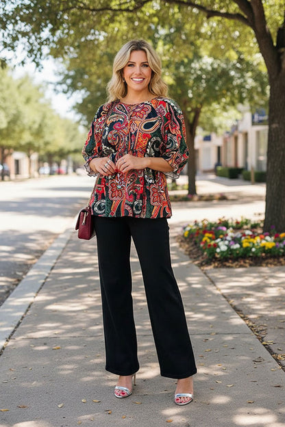 Western paisley 3/4 sleeve criss cross neck women's boutique top GJQ16384