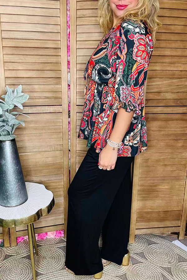 Western plus size paisley printed 3/4 sleeve women top w/criss cross neckline GJQ16384