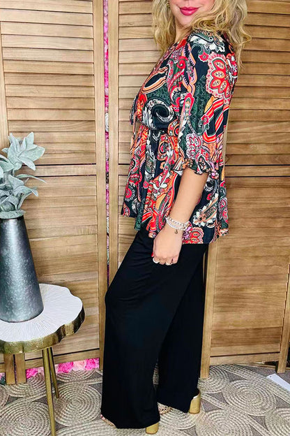 Western plus size paisley printed 3/4 sleeve women top w/criss cross neckline GJQ16384