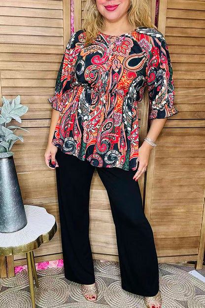 Western plus size paisley printed 3/4 sleeve women top w/criss cross neckline GJQ16384