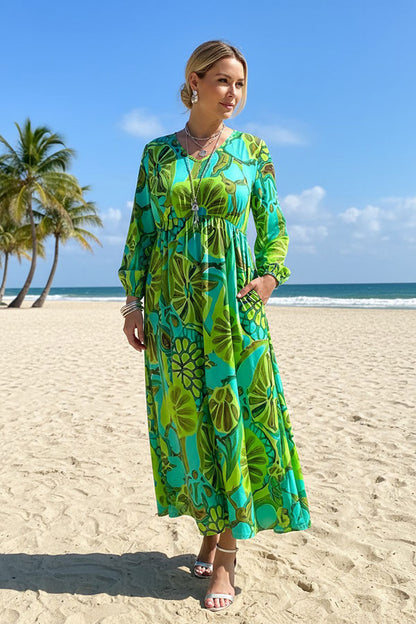 Green & turquoise spring long sleeve maxi women dress GJQ16395
