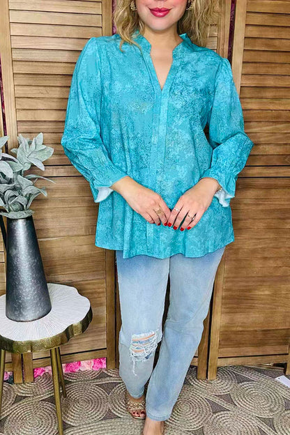 Plus size western teal ruffle edge 3/4 sleeves women blouse GJQ16431
