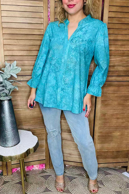Plus size western teal ruffle edge 3/4 sleeves women blouse GJQ16431