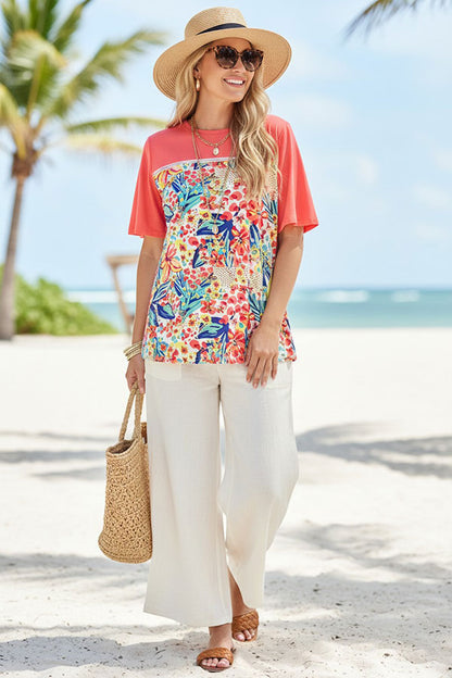 Chic tropical floral & coral lace trim women's boutique top Southern Stitch GJQ16436
