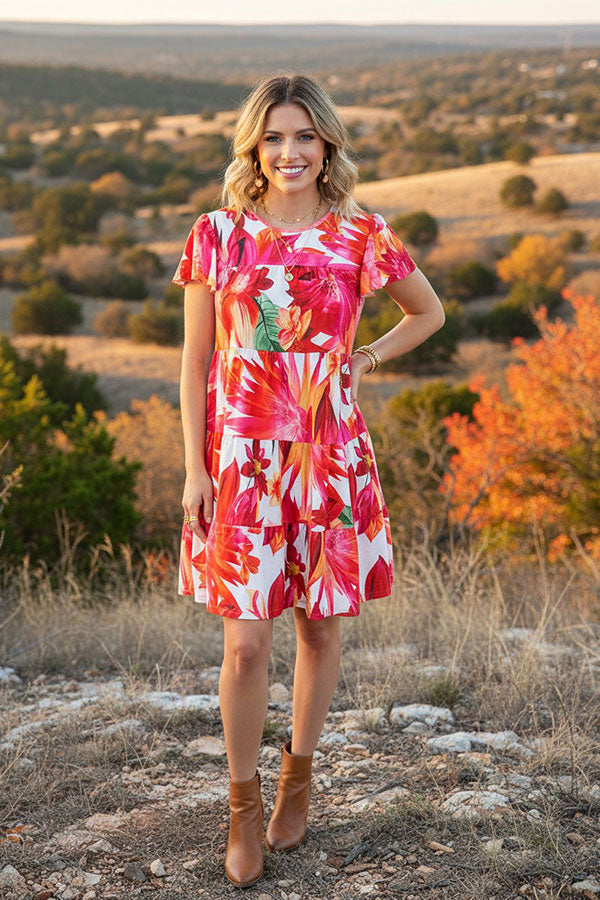 Trendy ruffle hem cap short sleeve floral women boutique dress GJQ16442