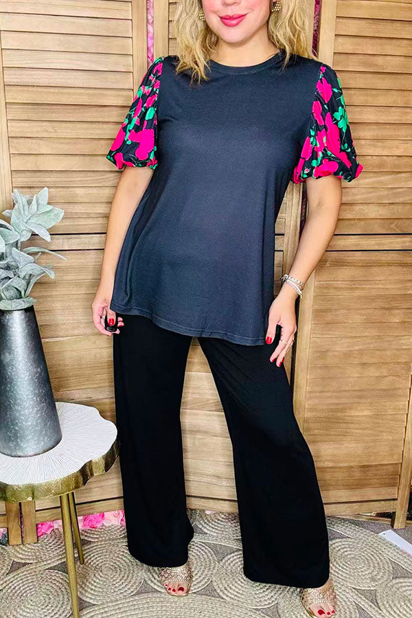 Floral printed puff lantern short sleeve black women top GJQ16458