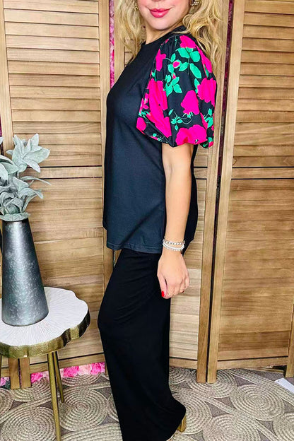 Floral printed puff lantern short sleeve black women top GJQ16458