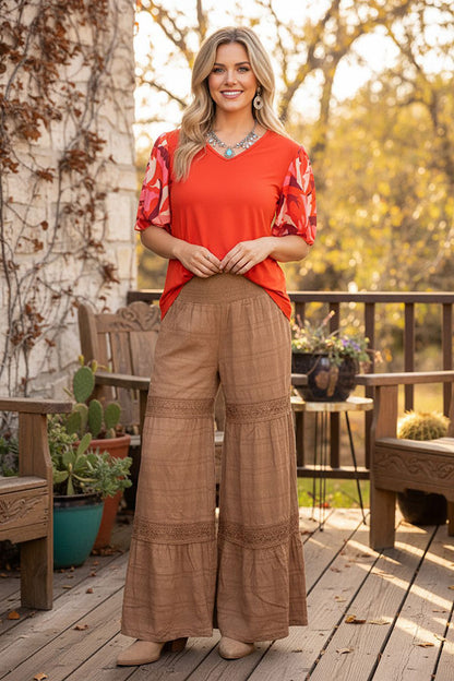 Chic floral bell sleeves orange women's boutique top Southern Stitch GJQ16576