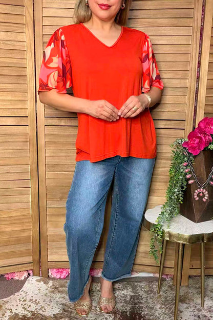 Chic floral bell sleeves orange women's boutique top Southern Stitch GJQ16576