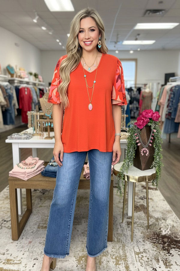 Chic floral bell sleeves orange women's boutique top Southern Stitch GJQ16576