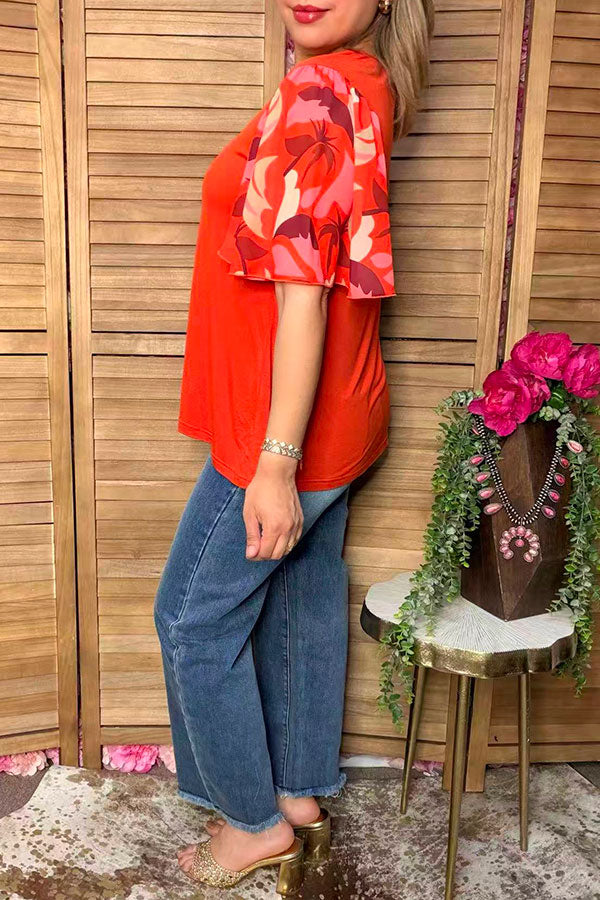 Chic floral bell sleeves orange women's boutique top Southern Stitch GJQ16576