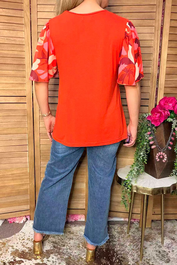 Chic floral bell sleeves orange women's boutique top Southern Stitch GJQ16576