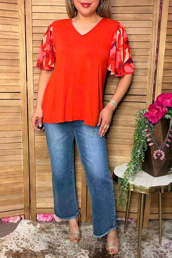 Chic floral bell sleeves orange women's boutique top Southern Stitch GJQ16576
