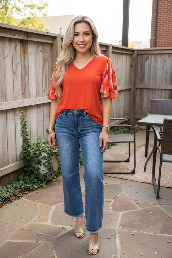 Chic floral bell sleeves orange women's boutique top Southern Stitch GJQ16576