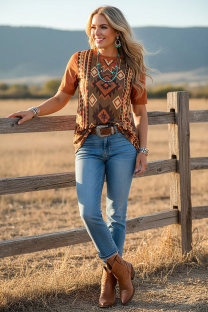Western serape & Aztec brown color short sleeve women's boutique top GJQ16617