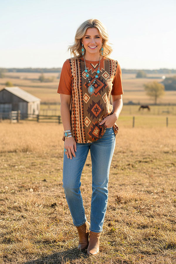 Western serape & Aztec brown color short sleeve women's boutique top GJQ16617