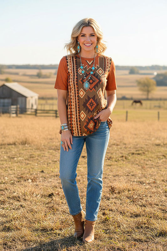Western serape & Aztec brown color short sleeve women's boutique top GJQ16617