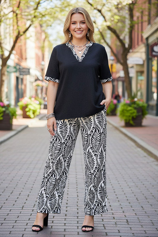 Black short sleeve top & wide leg pant 2pc women set GJQ16908