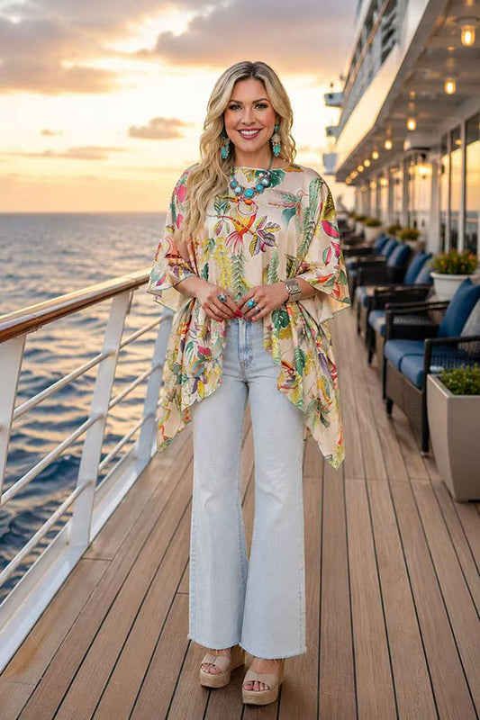 Luxury tropical print batwing sleeve women boutique blouse Southern Stitch GJQ17179