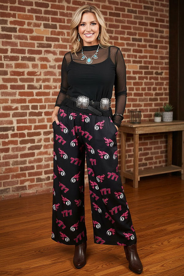 Western 777 & 8-balls print wide leg women's boutique pant Southern Stitch GJQ17195