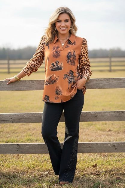 Western patterns & leopard long sleeve women's boutique top Southern Stitch GJQ17207