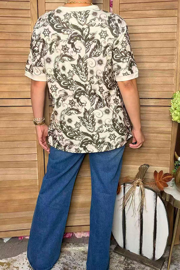 Western floral print short sleeve beige women's boutique top Southern Stitch GJQ17243