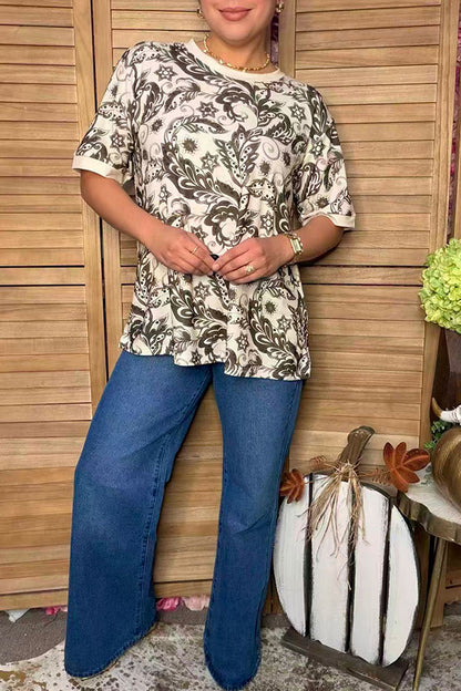 Western floral print short sleeve beige women's boutique top Southern Stitch GJQ17243