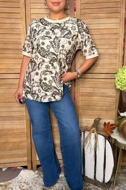 Western floral print short sleeve beige women's boutique top Southern Stitch GJQ17243