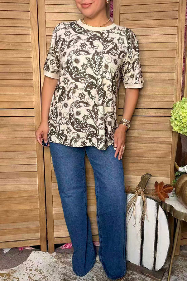 Western floral print short sleeve beige women's boutique top Southern Stitch GJQ17243