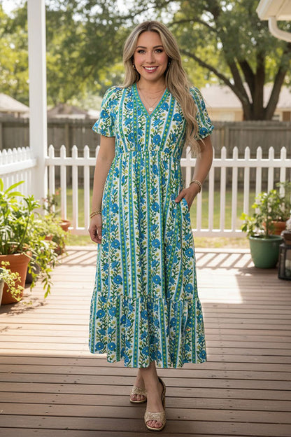 Trendy blue floral print puff sleeve women's boutique dress Southern Stitch GJQ17294