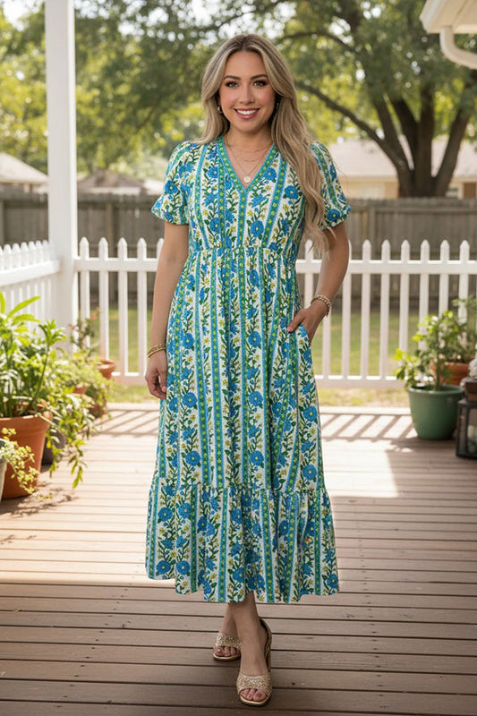 Trendy blue floral print puff sleeve women's boutique dress Southern Stitch GJQ17294