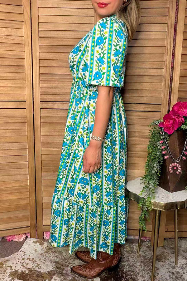 Trendy blue floral print puff sleeve women's boutique dress Southern Stitch GJQ17294