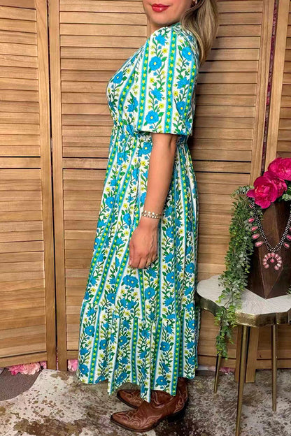 Trendy blue floral print puff sleeve women's boutique dress Southern Stitch GJQ17294