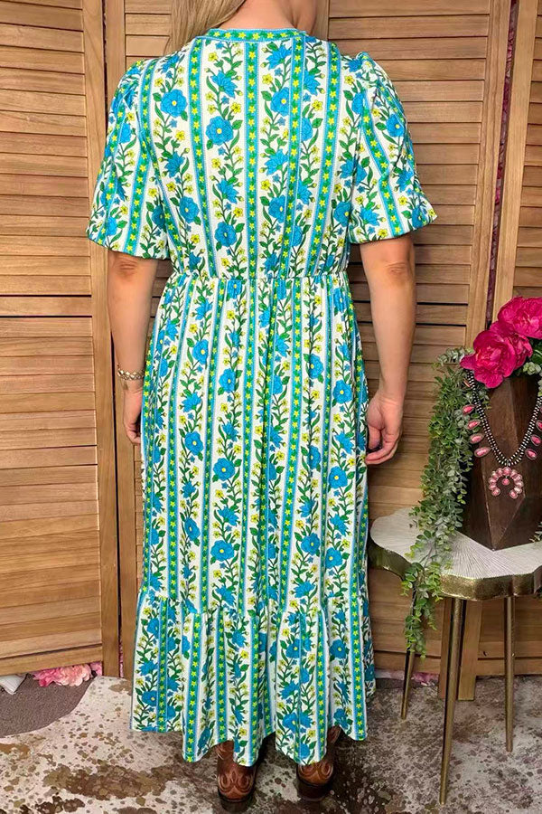 Trendy blue floral print puff sleeve women's boutique dress Southern Stitch GJQ17294