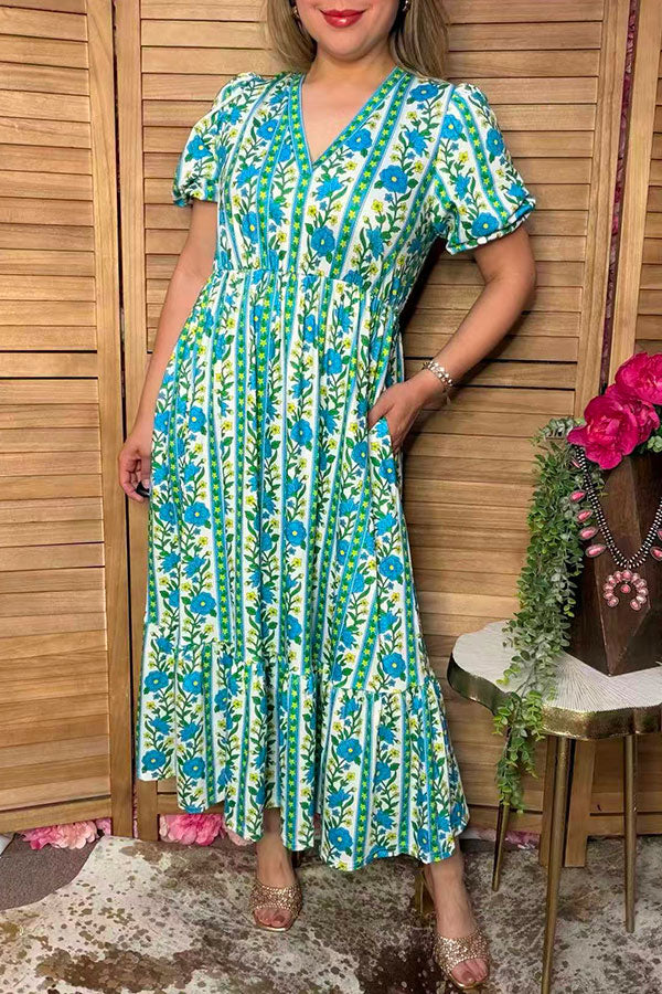 Trendy blue floral print puff sleeve women's boutique dress Southern Stitch GJQ17294